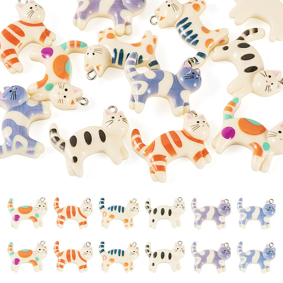 12Pcs Opaque Resin Pendants, Cat, with Platinum Iron Loop