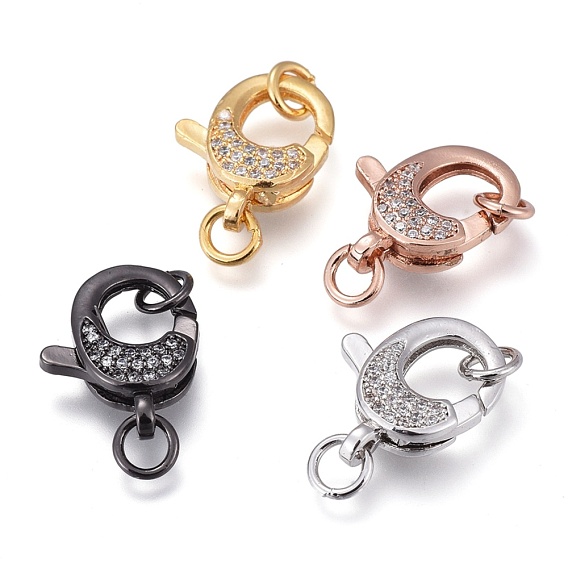 Brass Micro Pave Clear Cubic Zirconia Lobster Claw Clasps, with Jump Rings, Long-Lasting Plated