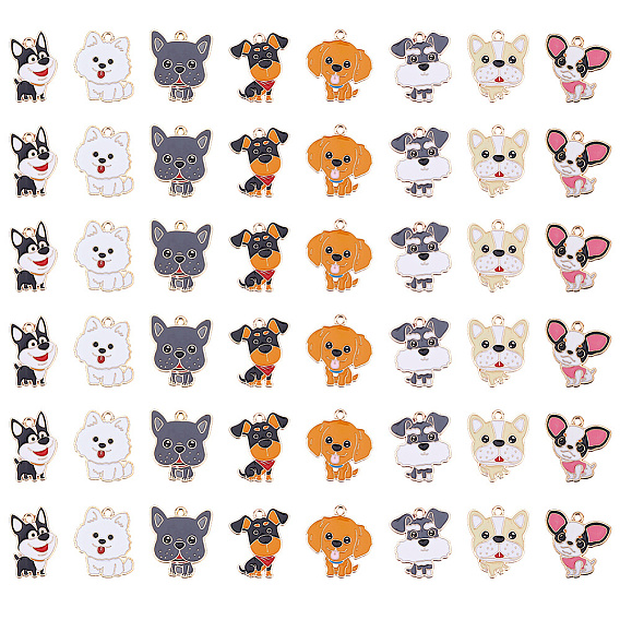 48Pcs 8 Styles Alloy Enamel Pendants, Dog Charms, Light Gold