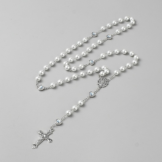 Крест Иисуса, подвеска из цинкового сплава с жемчужинами из стекла, круглые четки, ожерелья для женщин и мужчин, белые