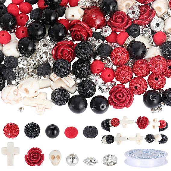 Наборы для изготовления браслетов/ожерелий с черепами и розами своими руками, включая синтетические бирюзовые и синтетические коралловые бусины., бусины из стекла и полимерной глины со стразами, железные и сплавные бусины, Эластичная кристальная нить