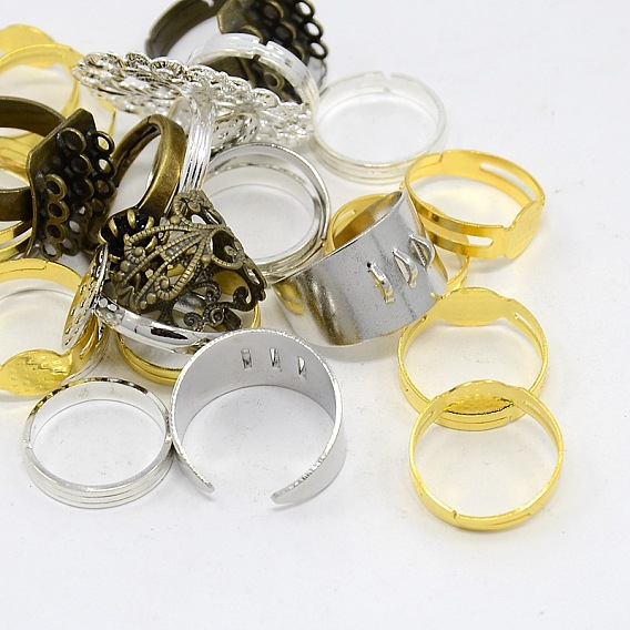 Adjustable Mixed Style Brass Finger Ring Settings, 16~19mm, Tray: 8~32x8~24mm