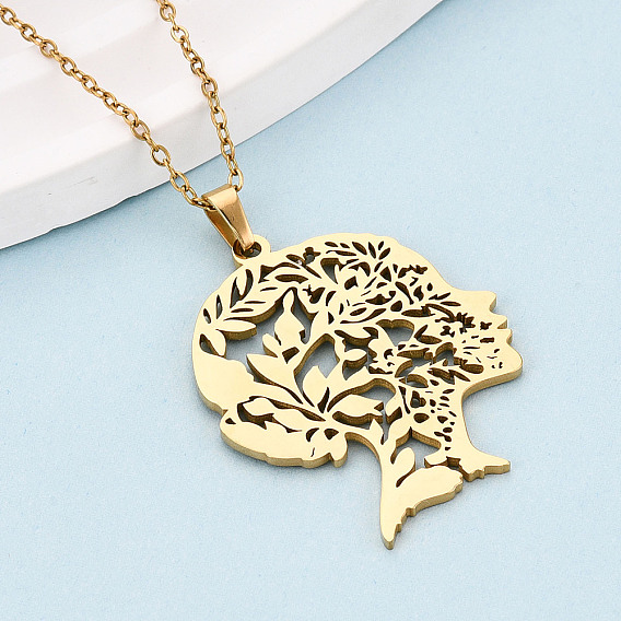 304 подвесные из нержавеющей стали ожерелья, женская голова с дуплом дерева, ионное покрытие (ip)