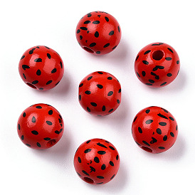 Printed Natural Wooden Fruit Beads, Round with Watermelon Seed