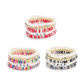 Handmade Polymer Clay Heishi Beads Stretch Bracelets Set, Love Word Acrylic Beads Bracelets, Natural Pearl & Synthetic Hematite Beads Bracelets for Women