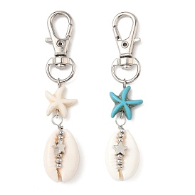 Кулон раковины украшения, с бусинами из искусственной бирюзы в виде морской звезды и поворотными карабинами из сплава