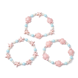 3Pcs Dyed Synthetic Turquoise Beads & Natural Howlite Round Beads Stretch Bracelets for Women, Turtle & Starfish, with with Silver Electroplate Non-magnetic Synthetic Hematite Beads