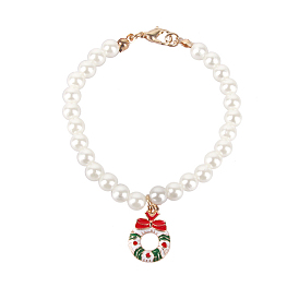Christmas Wreath Doll Charm Necklace, with Alloy Enamel Pendants and Acrylic Imitation Pearls, Doll Jewelry Making Supplies