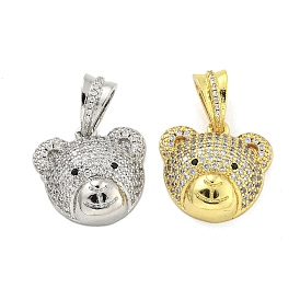 Brass Micro Pave Clear Cubic Zirconia Pendants, Cadmium Free & Nickel Free & Lead Free, Bear