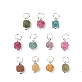 Подвески в виде кубиков из натурального разноцветного турмалина с огранкой «стол» и фурнитурой из нержавеющей стали., серебряный цвет гальваническим