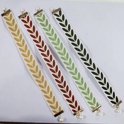 4Pcs 4 Colors Polyester Leaf Pattern Webbing Bookmark, with Heart Alloy Enamel & Brass Charms