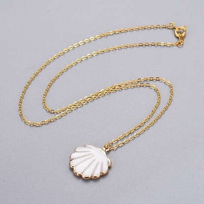 Electroplate Freshwater Shell Pendants Necklaces, with Brass Cable Chains