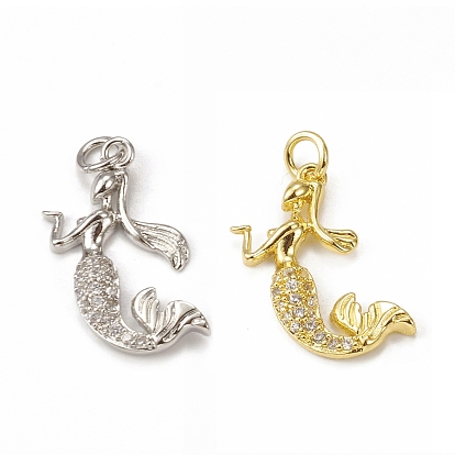 Brass Micro Pave Cubic Zirconia Pendants, with Jump Ring, Mermaid Charm
