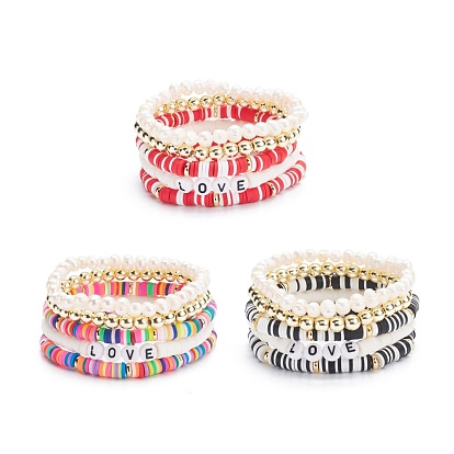Handmade Polymer Clay Heishi Beads Stretch Bracelets Set, Love Word Acrylic Beads Bracelets, Natural Pearl & Synthetic Hematite Beads Bracelets for Women