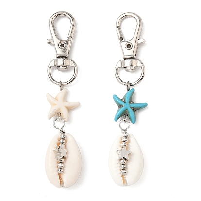 Кулон раковины украшения, с бусинами из искусственной бирюзы в виде морской звезды и поворотными карабинами из сплава