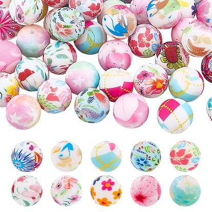 60шт 10 стили силиконовые бусины, круглый с рисунком