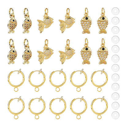 DIY Earring Making Kits, including 12Pcs 3 Styles Fish Brass Micro Pave Clear Cubic Zirconia Pendants, 12Pcs Brass Clip-on Earring Finding and 12Pcs Silicone Pads