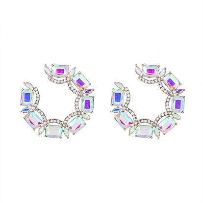Sparkling Rhinestone Earrings for Women, Alloy Claw Chain Glass Diamond Water Drill Circle Shape Exaggerated Trendy Evening Jewelry