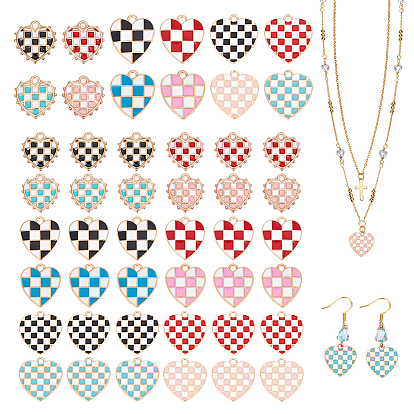 48 шт 12 стили подвески из сплава эмали, без кадмия и без свинца, золотой свет, сердце, клетчатые подвески