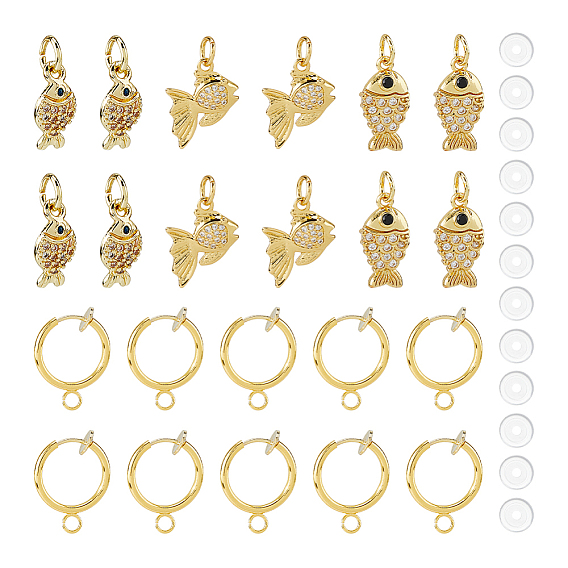 DIY Earring Making Kits, including 12Pcs 3 Styles Fish Brass Micro Pave Clear Cubic Zirconia Pendants, 12Pcs Brass Clip-on Earring Finding and 12Pcs Silicone Pads