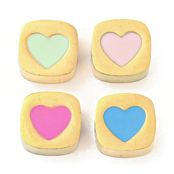 Ионное покрытие (ip) покрытие стойки 316l бусины из хирургической нержавеющей стали, без никеля , с эмалью, реальный 18 k позолоченный, квадрат с сердцем