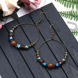 Boho Metal Earrings with Wooden Beads and Turquoise Stone Accent
