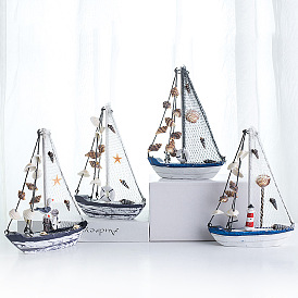 Mediterranean Style Wooden Sailing Boats, Home Display Decorations, with Natural Shell, Cotton Thread, Resin Findings