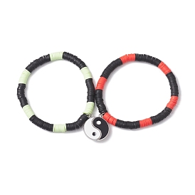 2Pcs 2 Colors Handmade Polymer Clay Beaded Stretch Bracelet Sets, Yin-Yang Charm Couple Bracelets