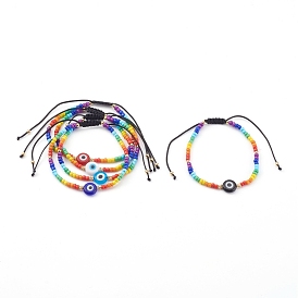 Rainbow Adjustable Nylon Cord Braided Bead Bracelets, with Glass Seed Beads, Evil Eye Lampwork Beads and Brass Beads, Golden
