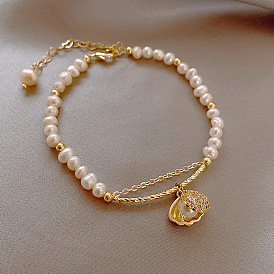 Baroque Freshwater Pearl Bracelet with Unique Gold Plated Shell Pendant - Sisterhood, Best Friends.