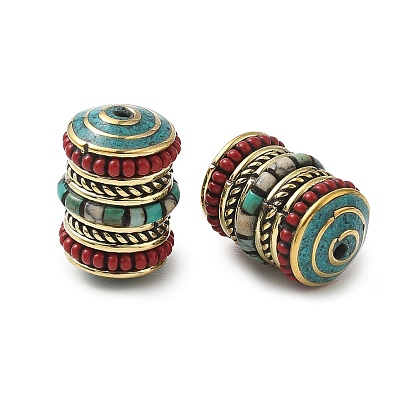 Ручной тибетском стиле бисера, колонка, Латунные бусины, с синтетическими бирюзовый