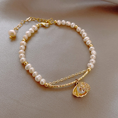 Baroque Freshwater Pearl Bracelet with Unique Gold Plated Shell Pendant - Sisterhood, Best Friends.