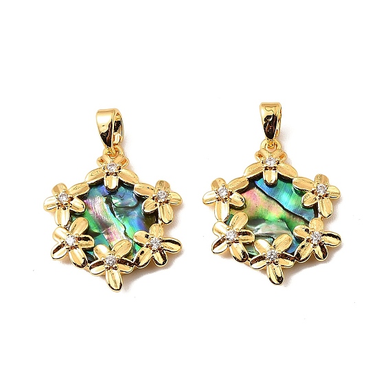 Подвески из латуни, ракушек пауа и прозрачных кубических цирконий, шестиугольник с цветочными подвесками