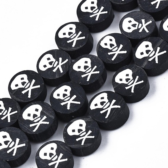 Handmade Polymer Clay Bead Strands, Halloween Style, Flat Round with Skull