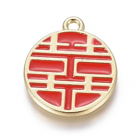 Alloy Enamel Chinese Symbol Pendants, Flat Round with Chinese Character Happiness