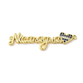 Rack Plating Brass Micro Pave Cubic Zirconia Connector Charms, Word Nicaragua Heart Links, Long-Lasting Plated, Cadmium Free & Lead Free