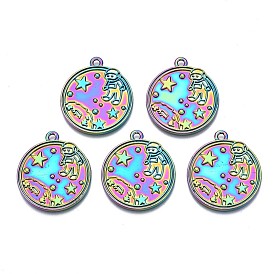 Rack Plating Rainbow Color Alloy Pendants, Cadmium Free & Nickel Free & Lead Free, Flat Round with Rocket & Spaceman
