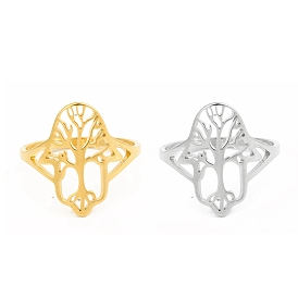 304 Stainless Steel Rings, Wide Band Ring, Hollow Hamsa Hand Tree of Life Rings