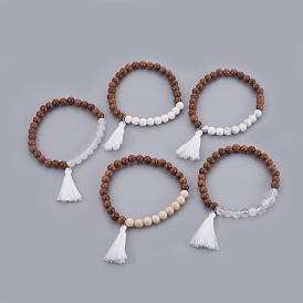 Natural Mixed Stone Beads Bracelets, with Wood Beads and Cotton Thread Tassels Pendant