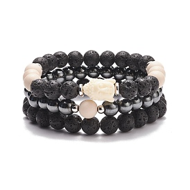 3Pcs 3 Style Natural & Synthetic Mixed Gemstone Beaded Stretch Bracelets Set with Buddhist Head for Women
