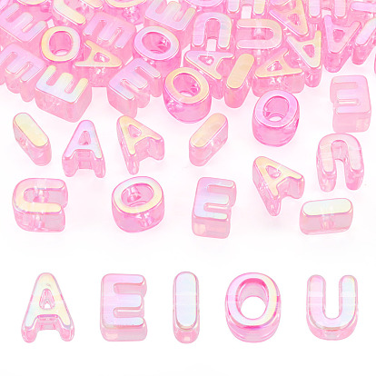 50Pcs 5 Styles UV Plating Rainbow Iridescent Acrylic Beads, Initial Beads, Letter A E I O U