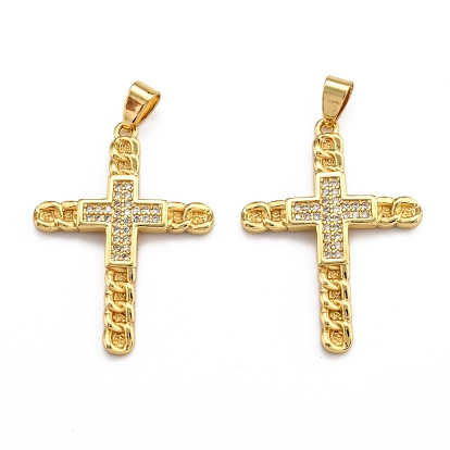 Brass Micro Pave Clear Cubic Zirconia Pendants, Cadmium Free & Lead Free, Long-Lasting Plated, Cross