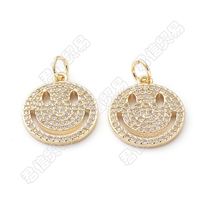10Pcs Brass Micro Pave Clear Cubic Zirconia Pendants, Long-Lasting Plated, Flat Round with Smile Face