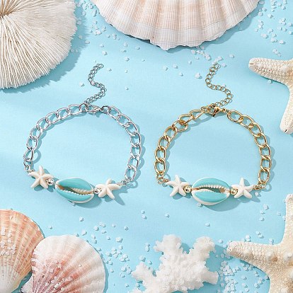 2Pcs Aluminium Twisted Curb Chains Link Bracelets, Cowrie Shell Beads & Synthetic Turquoise & Hematite Beads Bracelets for Woman, Star & Conch