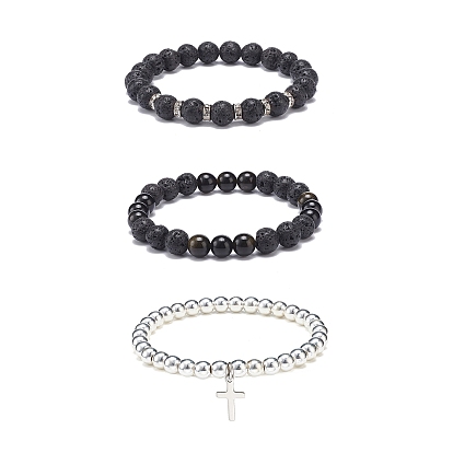 3Pcs 3 Style Style Natural Lava Rock & Golden Sheen Obsidian & Synthetic Hematite Stretch Bracelets Set, 304 Stainless Steel Cross Charms Bracelets for Women