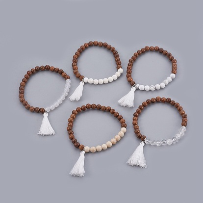 Natural Mixed Stone Beads Bracelets, with Wood Beads and Cotton Thread Tassels Pendant