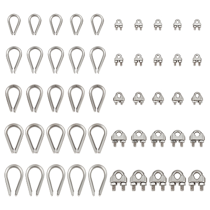 25Pcs 5 Styles 304 Stainless Steel Wire Rope Cable Clip Clamp, with 25Pcs 5 Styles 304 Stainless Steel Heart Shaped Cable Thimbles Wire Rope