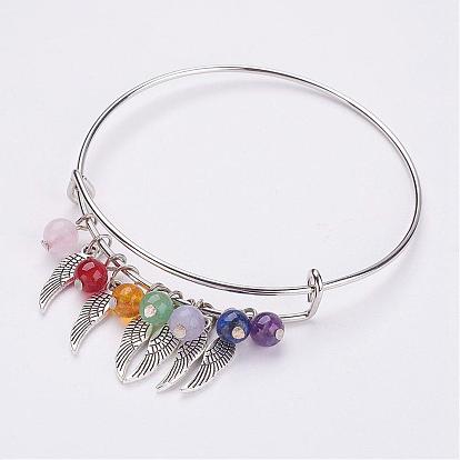 Bracelets de charme de fer réglable, Avec des perles de pierres précieuses naturelles et des pendentifs en aile de style tibétain