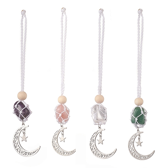 Moon 201 Stainless Steel Pendant Decorations, Wood Beads and Gemstones Nuggets Beads Nylon Thread Hanging Ornament
