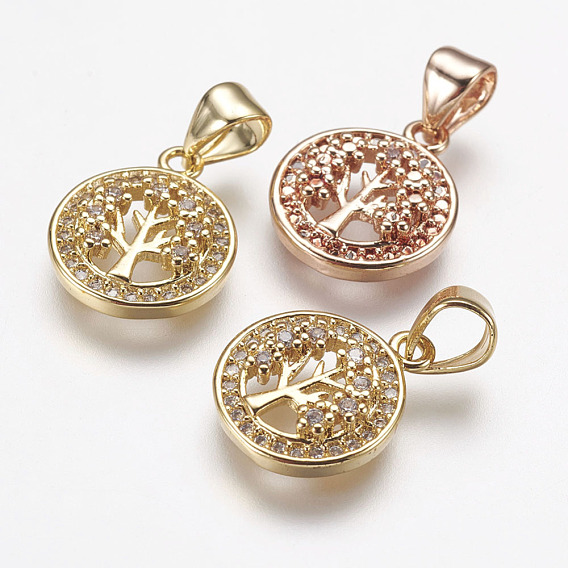 Brass Micro Pave Cubic Zirconia Charms, Flat Round with Tree of Life